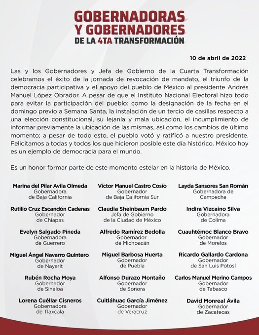 Comunicado de gobernadores de la 4T